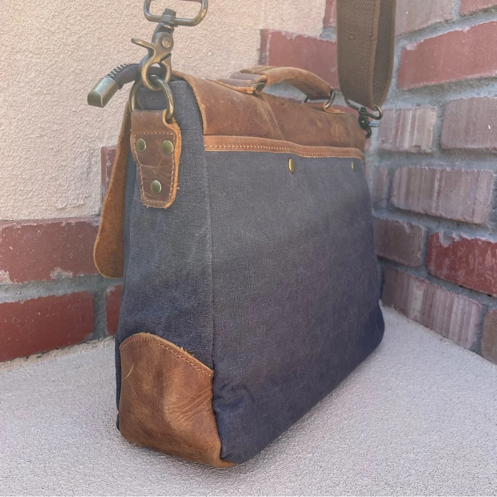 🆕WOWBOX 14” Canvas & Crazy Horse Leather Laptop Messenger Satchel Bag
